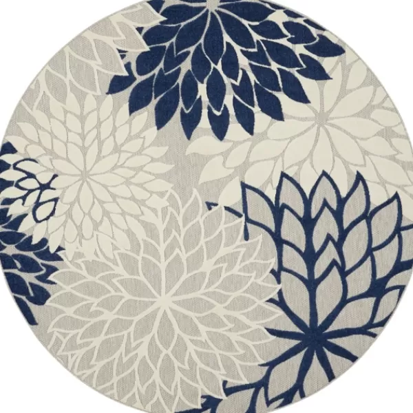 Outdoor Rugs-Kirkland's Home Navy Floral Burst Round Outdoor Area Rug, 7X7 Blue/White/Tan