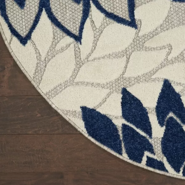 Outdoor Rugs-Kirkland's Home Navy Floral Burst Round Outdoor Area Rug, 7X7 Blue/White/Tan