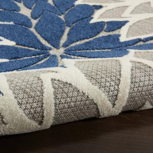 Outdoor Rugs-Kirkland's Home Navy Floral Burst Round Outdoor Area Rug, 7X7 Blue/White/Tan