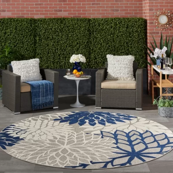Outdoor Rugs-Kirkland's Home Navy Floral Burst Round Outdoor Area Rug, 7X7 Blue/White/Tan
