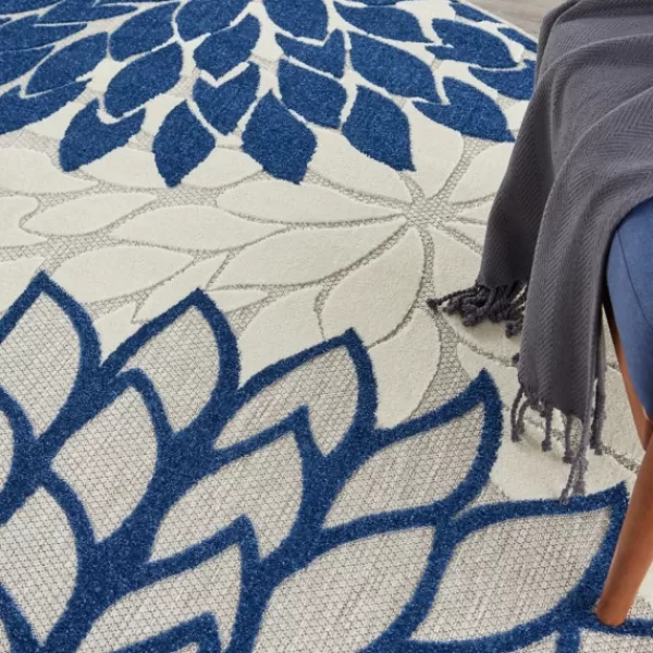 Outdoor Rugs-Kirkland's Home Navy Floral Burst Round Outdoor Area Rug, 7X7 Blue/White/Tan