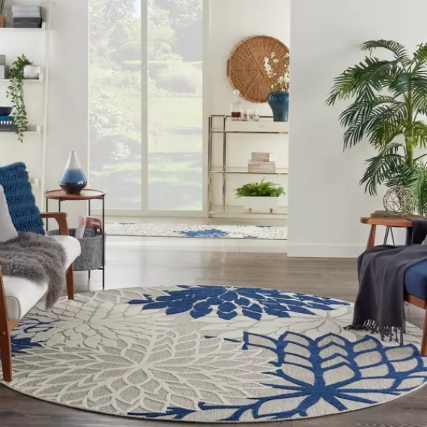 Outdoor Rugs-Kirkland's Home Navy Floral Burst Round Outdoor Area Rug, 7X7 Blue/White/Tan