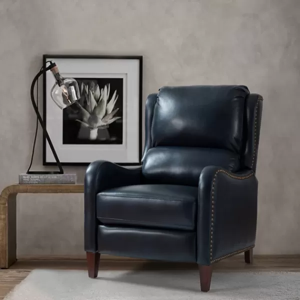 Accent Chairs-Kirkland's Home Navy Leather Nailhead Traditional Recliner Blue