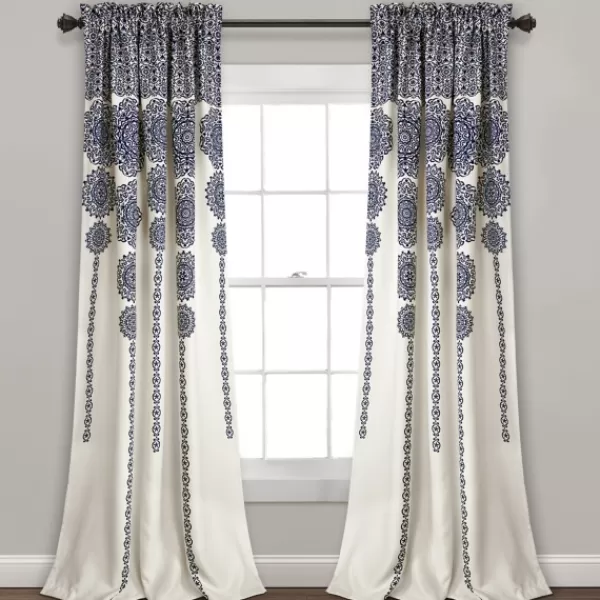 Curtains & Drapes-Kirkland's Home Navy Medallion Stripe Curtain Panel Set, 95 In. Blue/Ivory