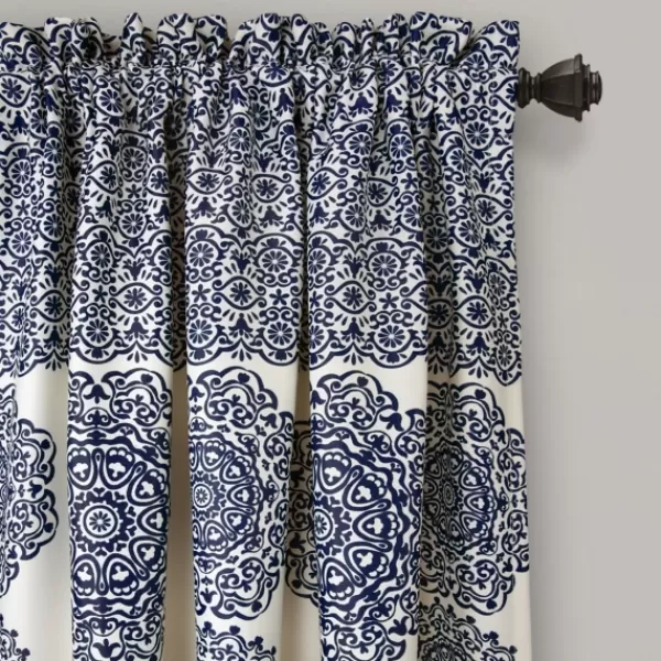 Curtains & Drapes-Kirkland's Home Navy Medallion Stripe Curtain Panel Set, 95 In. Blue/Ivory