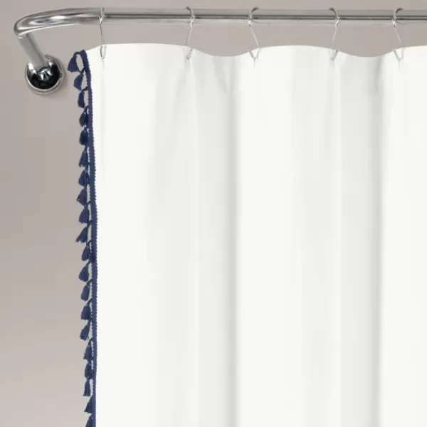 Shower Curtains-Kirkland's Home Navy Melora Tasseled Border Shower Curtain Blue/White