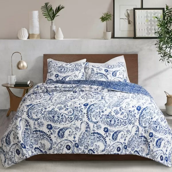 Quilts-Kirkland's Home Navy Paisley 3-Pc. Full/Queen Reversible Quilt Set Blue