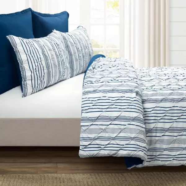 Comforters-Kirkland's Home Navy Pintuck Stripe Full/Queen 5-Pc. Comforter Set Blue/White