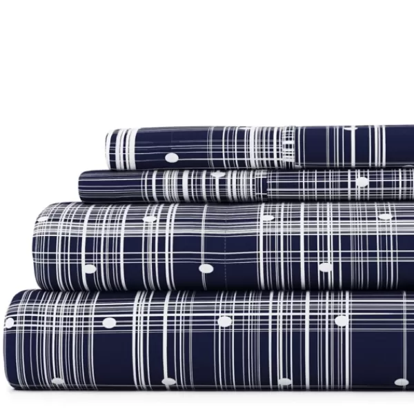 Bed Sheets-Kirkland's Home Navy Plaid Polka Dot 3-Pc. Twin Sheet Set Blue