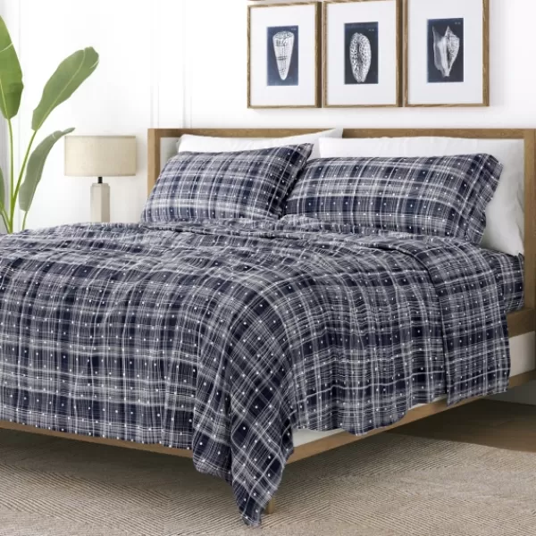 Bed Sheets-Kirkland's Home Navy Plaid Polka Dot 3-Pc. Twin Sheet Set Blue