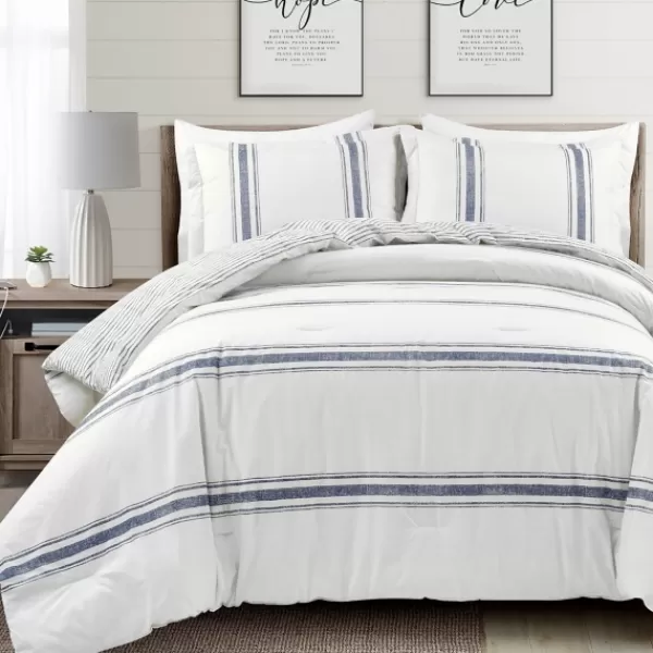 Comforters-Kirkland's Home Navy Stripe 3-Pc. King Comforter Set White/Blue