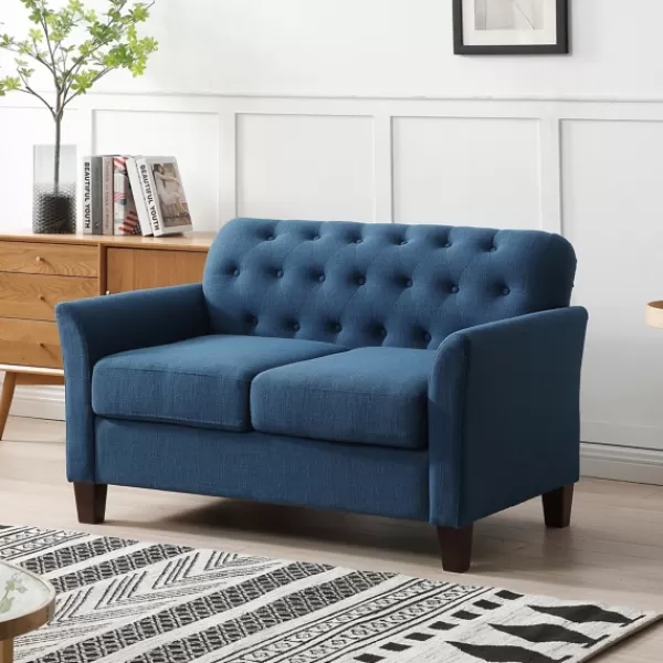 Sofas & Loveseats-Kirkland's Home Navy Upholstered Button Tufted Loveseat Blue