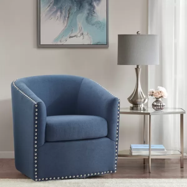 Accent Chairs-Kirkland's Home Navy Upholstered Nailhead Swivel Accent Chair Blue