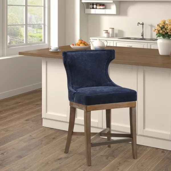 Bar Stools & Counter Height Stools-Kirkland's Home Navy Upholstered Wingback Swivel Counter Stool Blue