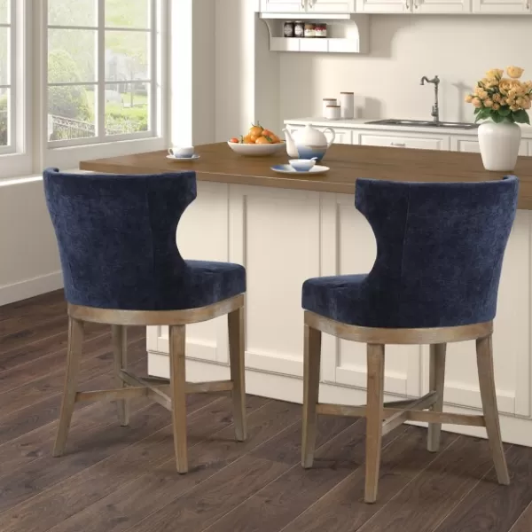 Bar Stools & Counter Height Stools-Kirkland's Home Navy Upholstered Wingback Swivel Counter Stool Blue