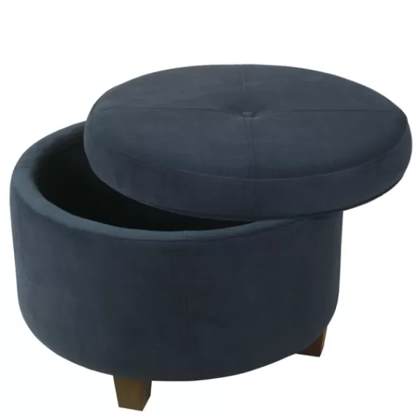 Benches & Ottomans-Kirkland's Home Navy Velvet Upholstered Round Storage Ottoman Blue