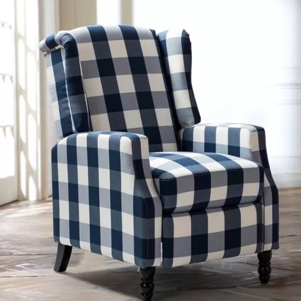 Accent Chairs-Kirkland's Home Navy Windowpane Plaid Recliner Blue/White