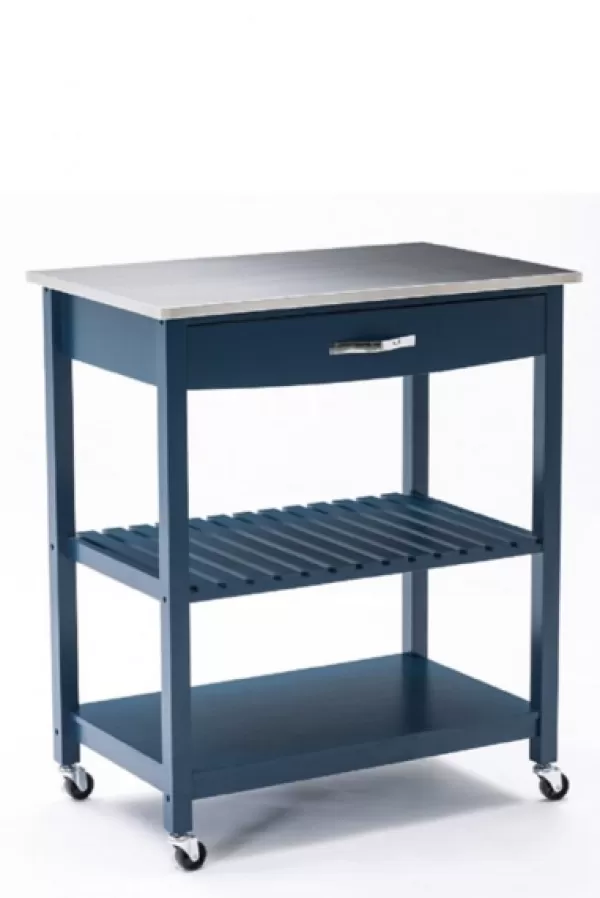 Kitchen Islands & Bar Carts-Kirkland's Home Navy Wood And Stainless Steel Top Kitchen Cart Blue