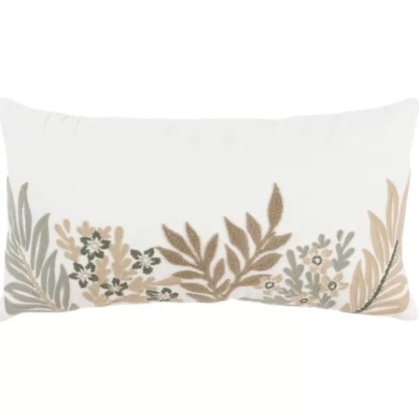 Pillows-Kirkland's Home Neutral Blooms Hand Embroidered Lumbar Pillow White/Tan/Gray