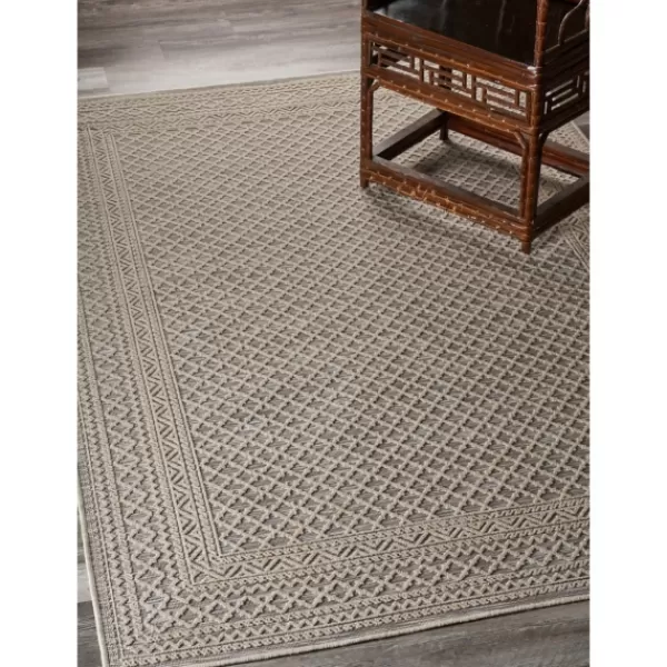 Outdoor Rugs-Kirkland's Home Neutral Bordered Lattice Outdoor Area Rug, 5X7 Gray