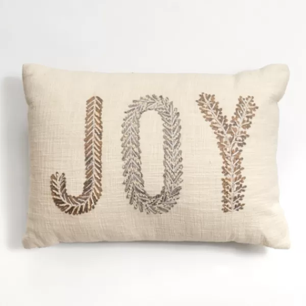 Pillows-Kirkland's Home Neutral Embroidered Joy Lumbar Pillow Ivory/Brown