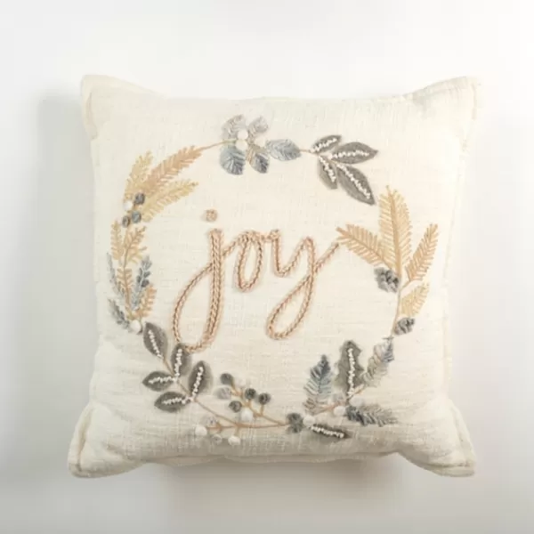 Pillows-Kirkland's Home Neutral Flanged Joy Wreath Throw Pillow White/Gray