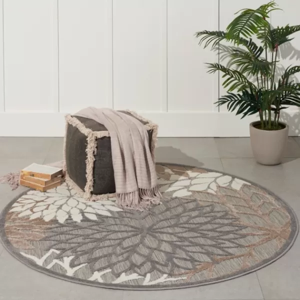 Outdoor Rugs-Kirkland's Home Neutral Floral Burst Outdoor Round Area Rug, 5 Ft. Tan/Gray