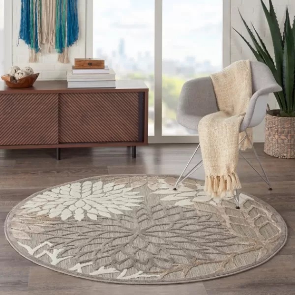 Outdoor Rugs-Kirkland's Home Neutral Floral Burst Outdoor Round Area Rug, 5 Ft. Tan/Gray