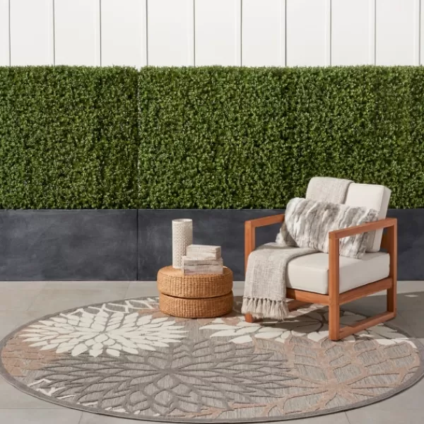 Outdoor Rugs-Kirkland's Home Neutral Floral Burst Outdoor Round Area Rug, 7 Ft. Tan/Gray