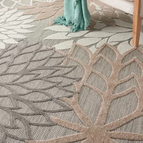 Outdoor Rugs-Kirkland's Home Neutral Floral Burst Outdoor Round Area Rug, 7 Ft. Tan/Gray