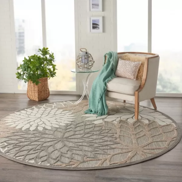 Outdoor Rugs-Kirkland's Home Neutral Floral Burst Outdoor Round Area Rug, 7 Ft. Tan/Gray