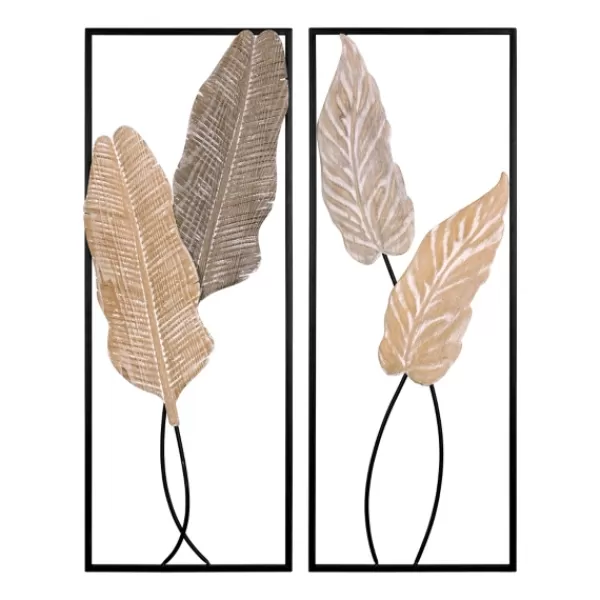 Wall Plaques-Kirkland's Home Neutral Leaves Metal Wall Plaques, Set Of 2 Tan/Black