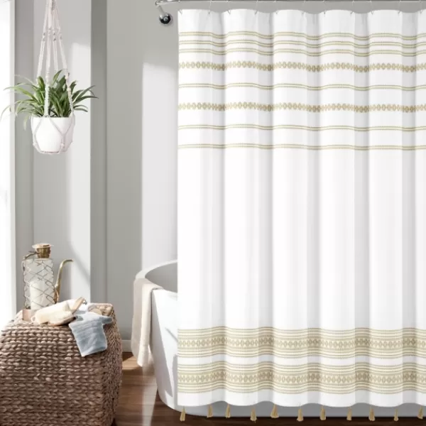 Shower Curtains-Kirkland's Home Neutral Striped And Tasseled Shower Curtain Tan/White