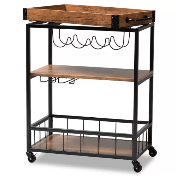 Kitchen Islands & Bar Carts-Kirkland's Home Oak And Black Metal Bar Cart With Bottle Rack