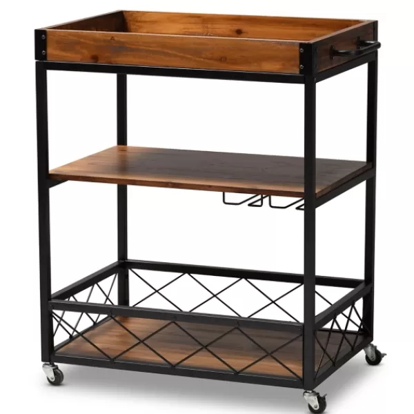 Kitchen Islands & Bar Carts-Kirkland's Home Oak And Black Metal Bar Cart With Stemware Rack