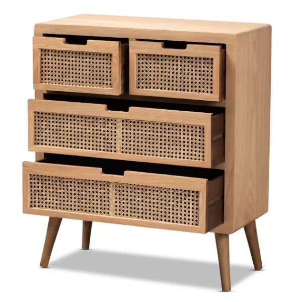 Dressers & Chests-Kirkland's Home Oak And Rattan 4-Drawer Chest