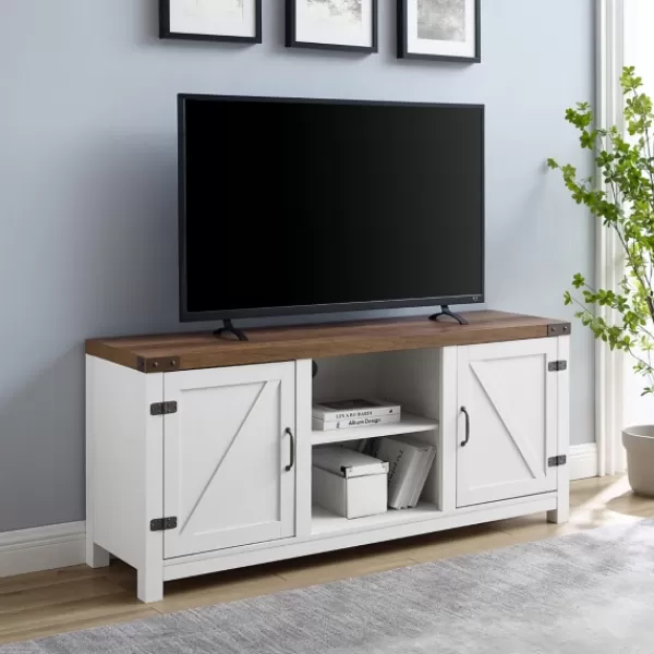 Tv Stands & Media Consoles-Kirkland's Home Oak Farmhouse Double Door Tv Stand Brown/White