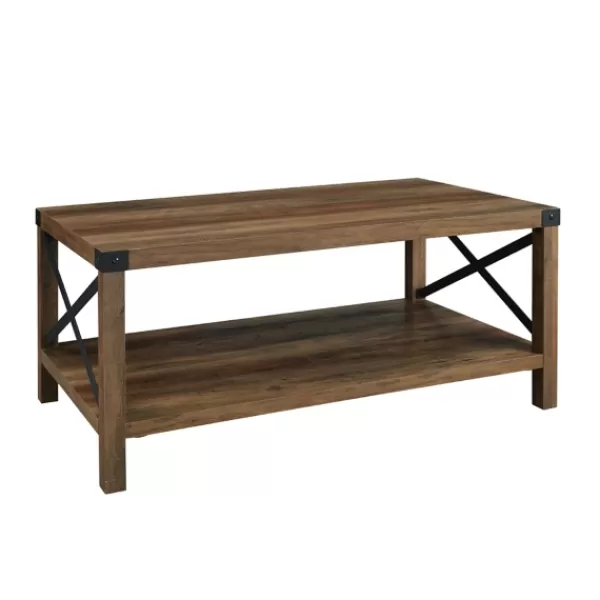 Coffee Tables-Kirkland's Home Oak Industrial X-Frame Coffee Table Brown