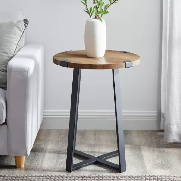 Accent & End Tables-Kirkland's Home Oak Urban Rustic Round Accent Table Brown