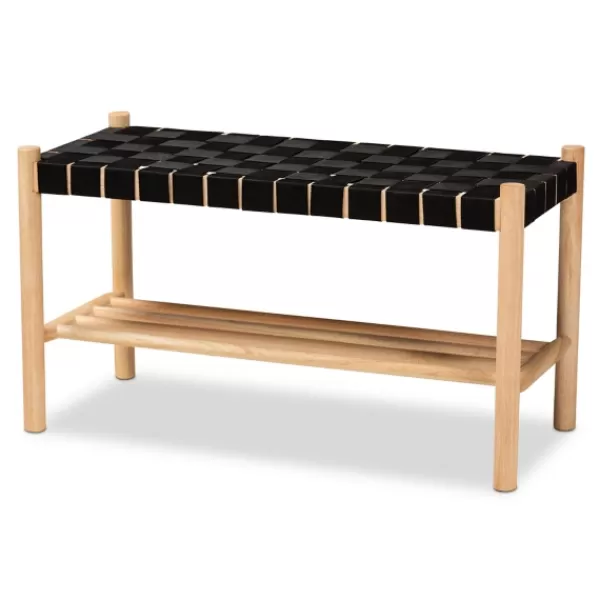 Benches & Ottomans-Kirkland's Home Oak Wood And Woven Nylon Bench Black/Tan