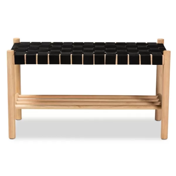 Benches & Ottomans-Kirkland's Home Oak Wood And Woven Nylon Bench Black/Tan