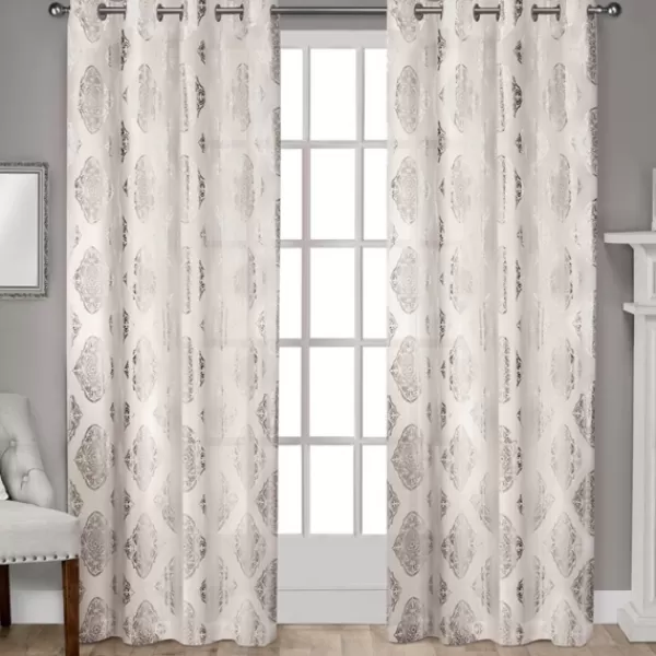 Curtains & Drapes-Kirkland's Home Off White Metallic Curtain Panel Set, 96 In. Silver/White