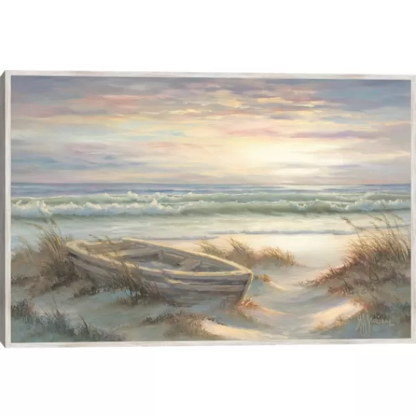 Framed Art-Kirkland's Home Old Rowboat On The Shore Framed Canvas Art Print Ivory/Blue/Multi