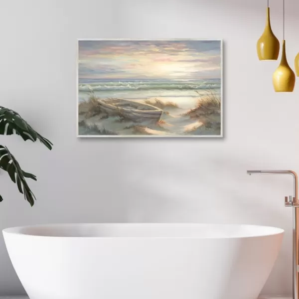 Framed Art-Kirkland's Home Old Rowboat On The Shore Framed Canvas Art Print Ivory/Blue/Multi