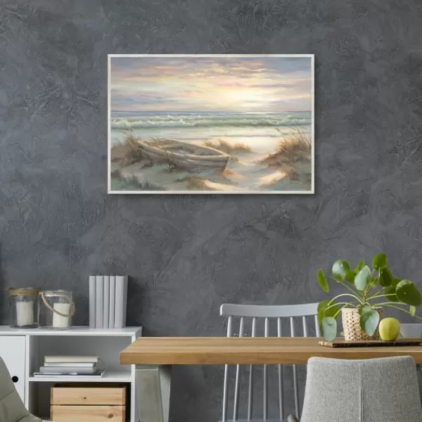 Framed Art-Kirkland's Home Old Rowboat On The Shore Framed Canvas Art Print Ivory/Blue/Multi