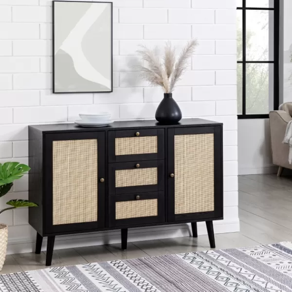 Cabinets & Sideboards-Kirkland's Home Onyx Wood And Natural Rattan Doors Sideboard Tan/Black