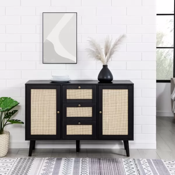 Cabinets & Sideboards-Kirkland's Home Onyx Wood And Natural Rattan Doors Sideboard Tan/Black