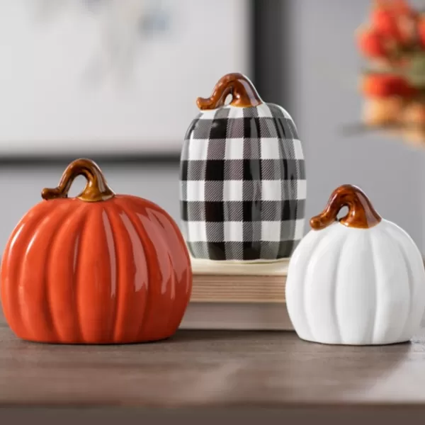 Statues & Figurines-Kirkland's Home Orange, White, & Buffalo Check Pumpkins, Set Of 3 Multi