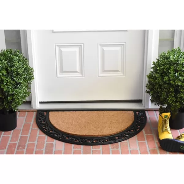 Doormats-Kirkland's Home Ornate Scroll Coir And Rubber Half Circle Doormat Tan/Black