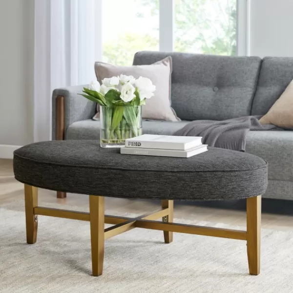 Benches & Ottomans-Kirkland's Home Oval Upholstered Welt Edge Ottoman Gray